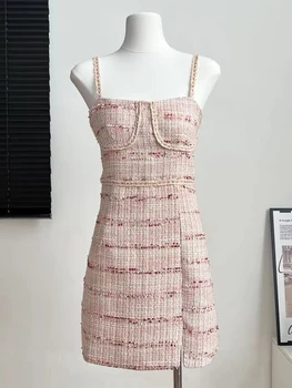 Маленькое ароматное Корейское женское твидовое платье на тонких бретельках, Элегантные вечерние платья для женщин, одежда, Новинка 2023 года