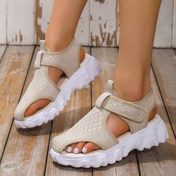 Летние женские сандалии; Повседневная обувь из сетчатого материала; белые сандалии на толстой подошве со шнуровкой; пляжная обувь с открытым носком для женщин;