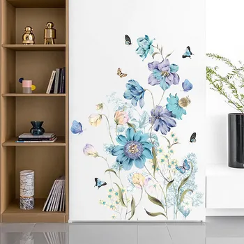 1 шт. Наклейка на стену с синим цветком и бабочкой, фон для гостиной, спальни, самоклеящиеся обои, украшение дома