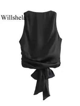 Willshela Женские модные атласные черные укороченные топы с повязкой на спине, винтажные женские топы без рукавов с коротким рукавом