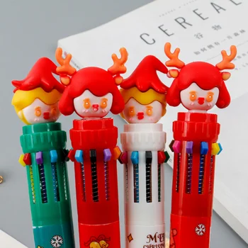 Десятицветная шариковая ручка, мультяшные Рождественские школьные принадлежности, цветная масляная ручка, Приз для студентов, многоцветная ручка для счета, канцелярские принадлежности